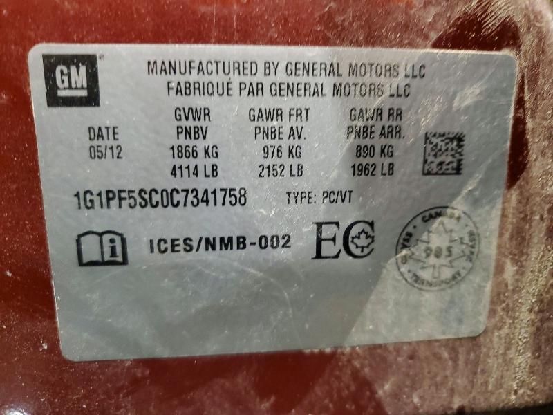 2012 Chevrolet Cruze Lt Turbo 4dr მანქანა იყიდება აუქციონზე, vin: 1G1PF5SC0C7341758, აუქციონის ნომერი: 78987235