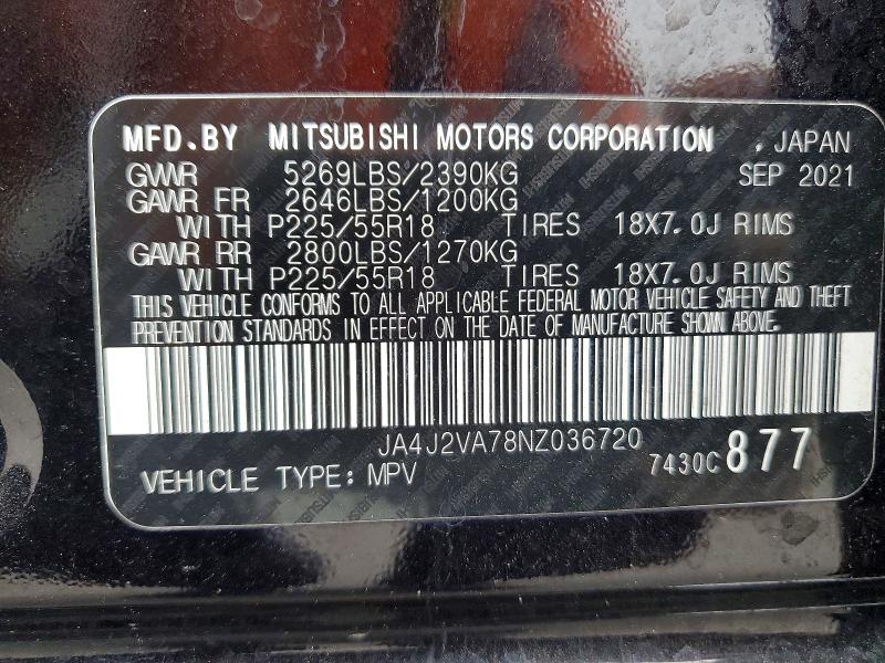 47190916 :رقم المزاد ، JA4J2VA78NZ036720 vin ، 2022 Mitsubishi Outlander مزاد بيع