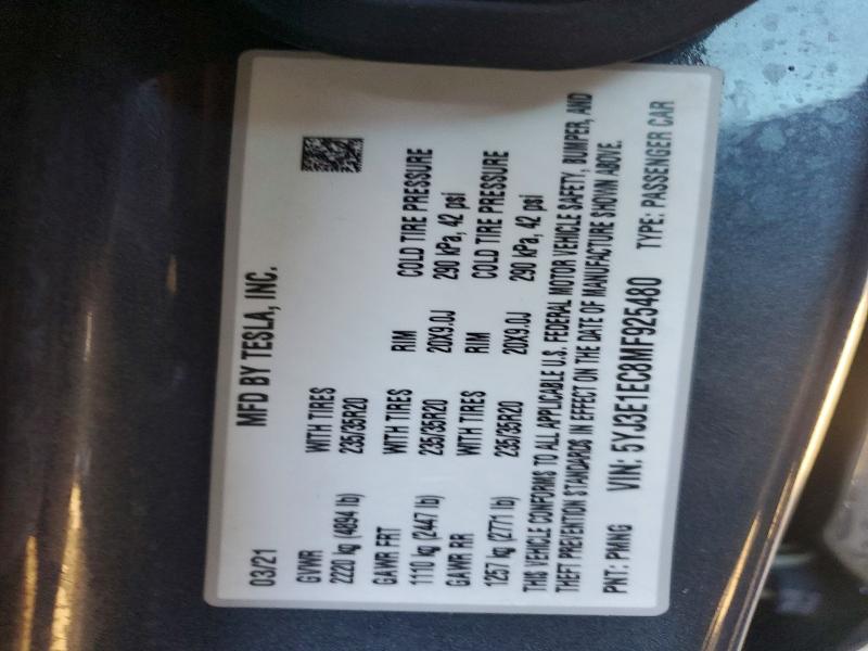 41750386 :رقم المزاد ، 5YJ3E1EC8MF925480 vin ، 2021 Tesla Model 3 مزاد بيع