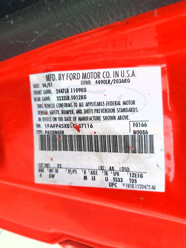 48050716 :رقم المزاد ، 1FAFP45X81F237116 vin ، 2001 Ford Mustang مزاد بيع