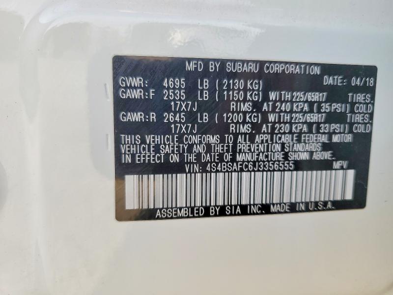 2018 Subaru Outback მანქანა იყიდება აუქციონზე, vin: 4S4BSAFC6J3356555, აუქციონის ნომერი: 47910646