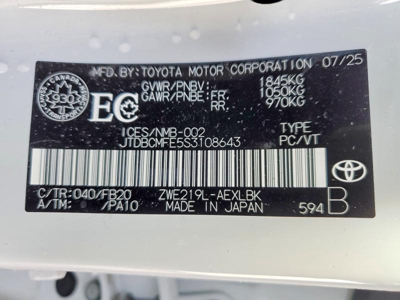 Продаж на аукціоні авто 2025 Toyota Corolla Hybrid, vin: JTDBCMFE5S3108643, номер лоту: 46671786