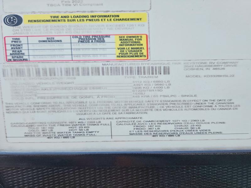Продаж на аукціоні авто 2022 Keystone Unknown, vin: 4YDTKDR2XNJ972609, номер лоту: 47418256