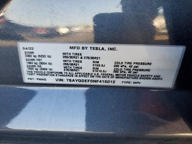 Продажа на аукционе авто 2022 Tesla Model Y, vin: 7SAYGDEF0NF415012, номер лота: 46063436