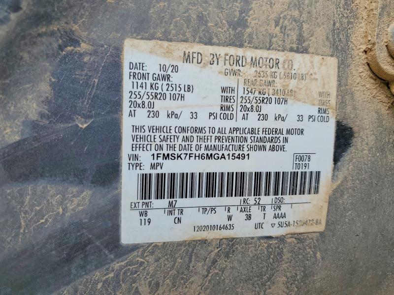 2021 Ford Explorer მანქანა იყიდება აუქციონზე, vin: 1FMSK7FH6MGA15491, აუქციონის ნომერი: 47019246