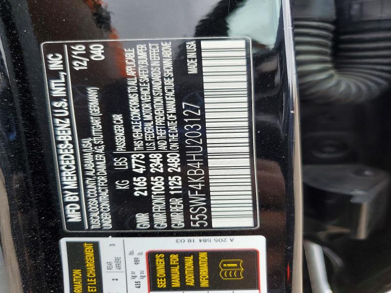 2017 Mercedes-benz C მანქანა იყიდება აუქციონზე, vin: 55SWF4KB4HU203127, აუქციონის ნომერი: 42056566
