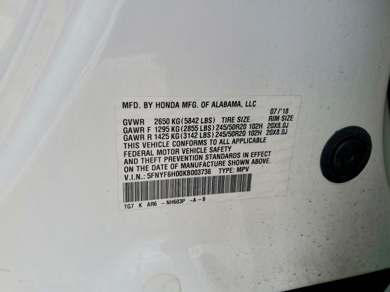 Продаж на аукціоні авто 2019 Honda Pilot, vin: 5FNYF6H00KB003736, номер лоту: 79193335