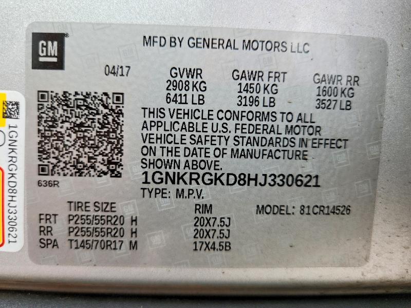 Aukcja sprzedaży 2017 Chevrolet Traverse, vin: 1GNKRGKD8HJ330621, numer aukcji: 79831785