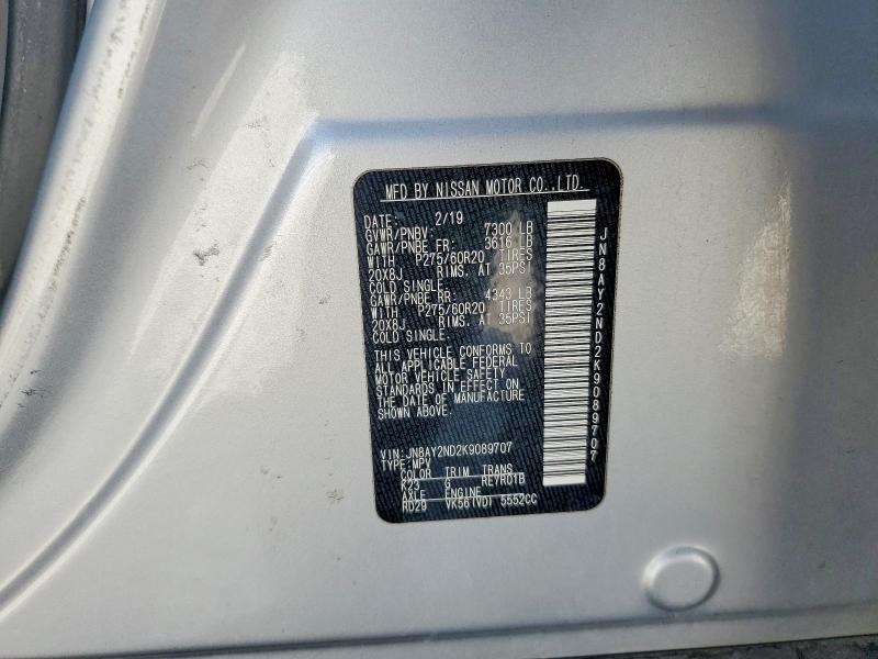41941696 :رقم المزاد ، JN8AY2ND2K9089707 vin ، 2019 Nissan Armada مزاد بيع