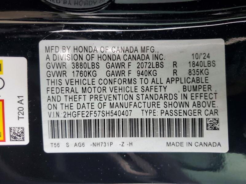79320185 :رقم المزاد ، 2HGFE2F57SH540407 vin ، 2025 Honda Civic مزاد بيع