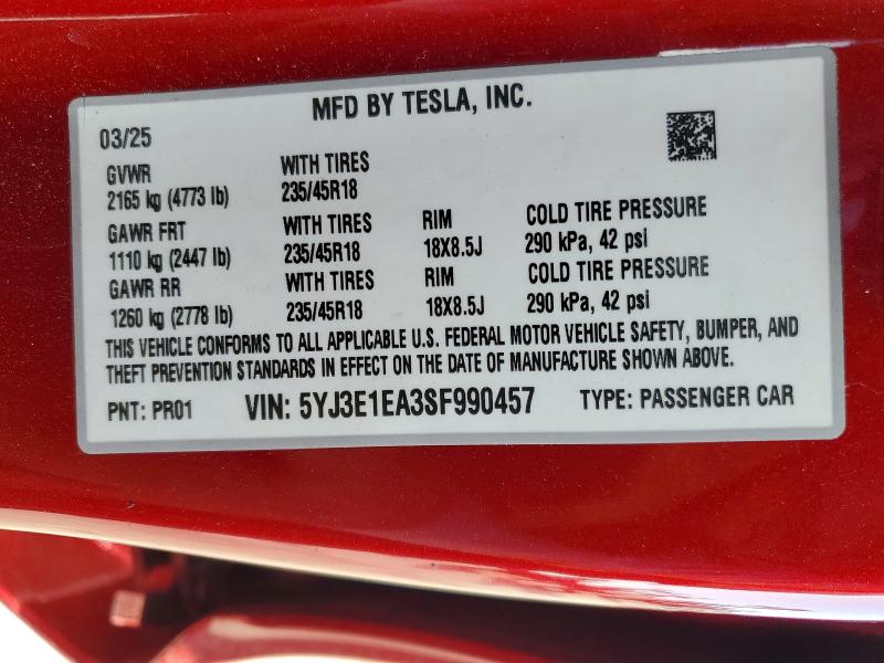 Aukcja sprzedaży 2025 Tesla Model 3, vin: 5YJ3E1EA3SF990457, numer aukcji: 41834346