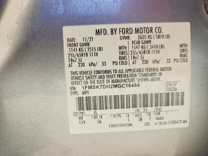 Продаж на аукціоні авто 2021 Ford Explorer, vin: 1FMSK7DH2MGC16484, номер лоту: 47352546