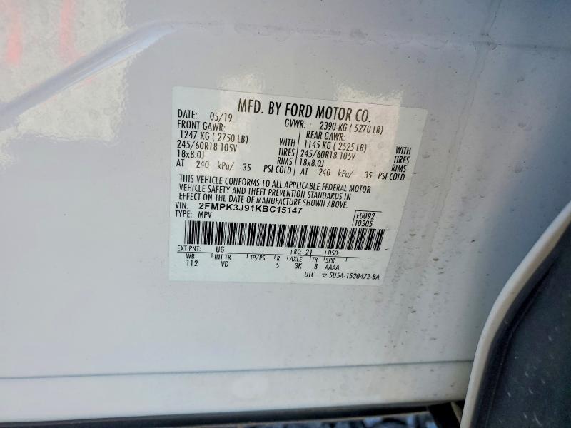 2019 Ford Edge მანქანა იყიდება აუქციონზე, vin: 2FMPK3J91KBC15147, აუქციონის ნომერი: 46280566