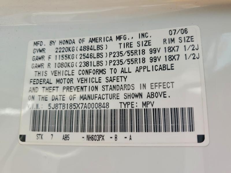 79925425 :رقم المزاد ، 5J8TB185X7A000848 vin ، 2007 Acura Rdx مزاد بيع