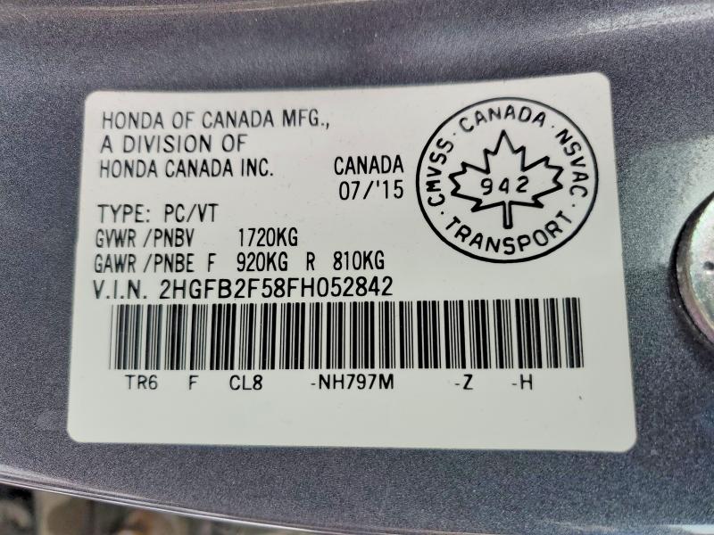 2015 Honda Civic მანქანა იყიდება აუქციონზე, vin: 2HGFB2F58FH052842, აუქციონის ნომერი: 46333186