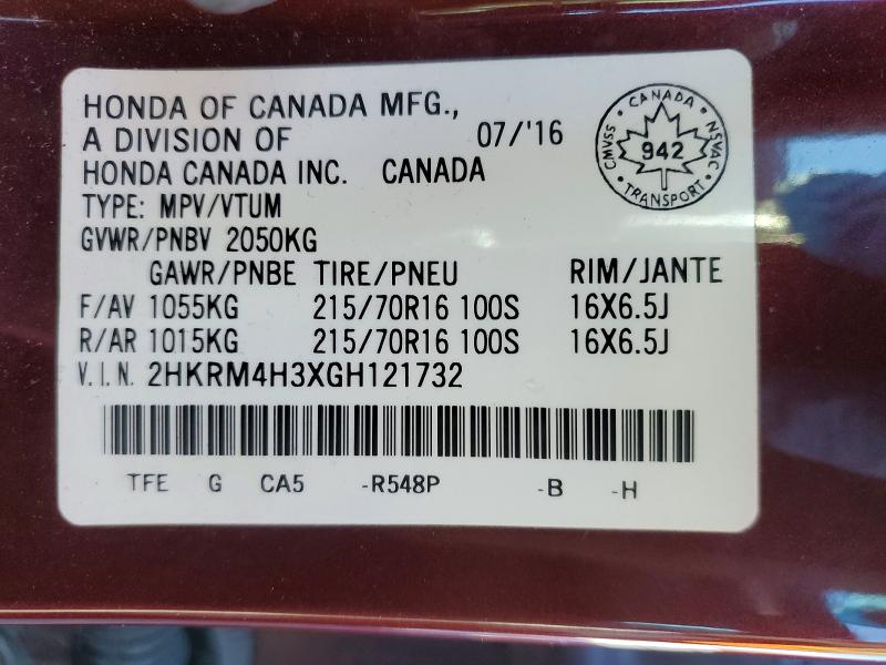 79585765 :رقم المزاد ، 2HKRM4H3XGH121732 vin ، 2016 Honda Cr-v مزاد بيع