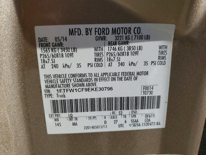 2014 Ford F150 მანქანა იყიდება აუქციონზე, vin: 1FTFW1CF9EKE30796, აუქციონის ნომერი: 78951905