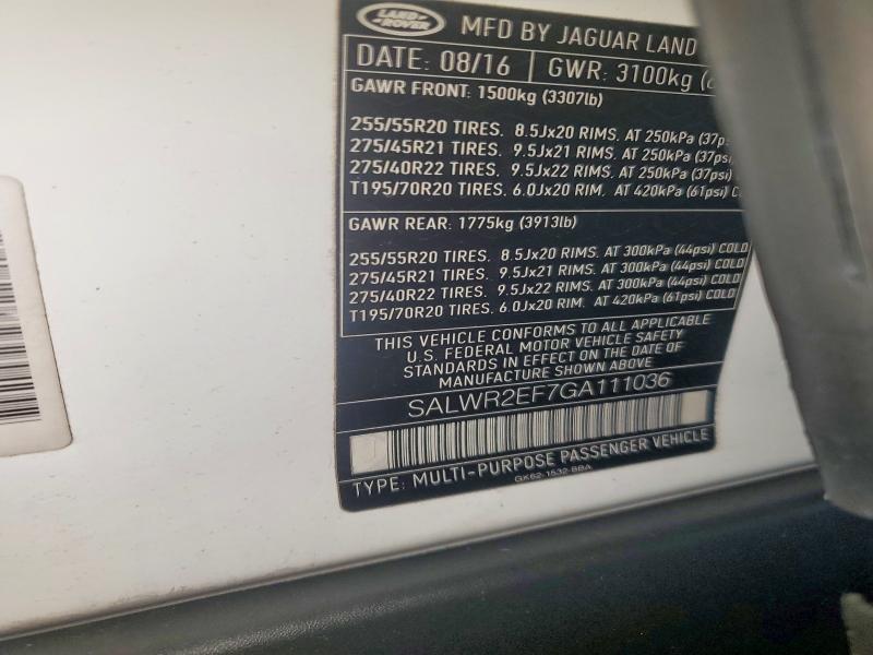 2016 Land Rover Range Rover Sport მანქანა იყიდება აუქციონზე, vin: SALWR2EF7GA111036, აუქციონის ნომერი: 47689076