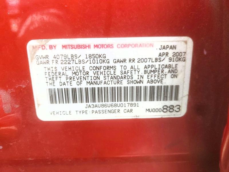 Продаж на аукціоні авто 2008 Mitsubishi Lancer, vin: JA3AU86U68U017891, номер лоту: 45529826