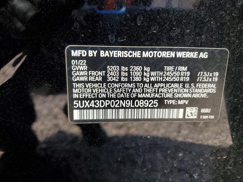 41721076 :رقم المزاد ، 5UX43DP02N9L08925 vin ، 2022 Bmw X3 مزاد بيع