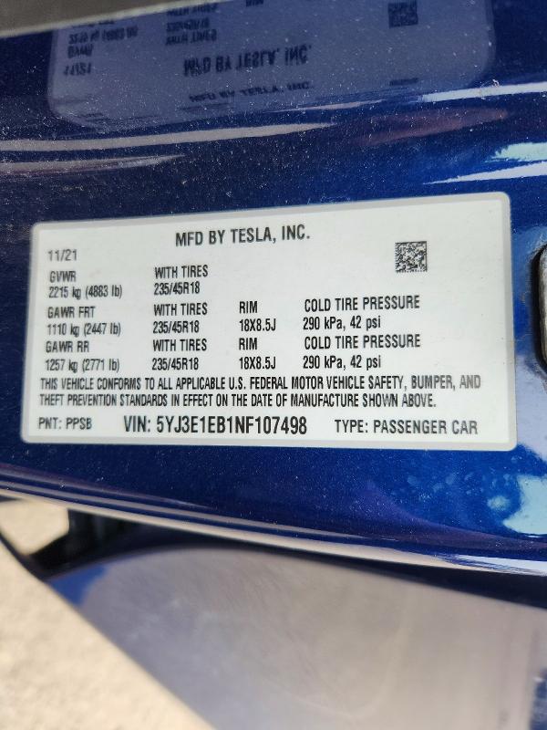Aukcja sprzedaży 2022 Tesla Model 3, vin: 5YJ3E1EB1NF107498, numer aukcji: 45571676