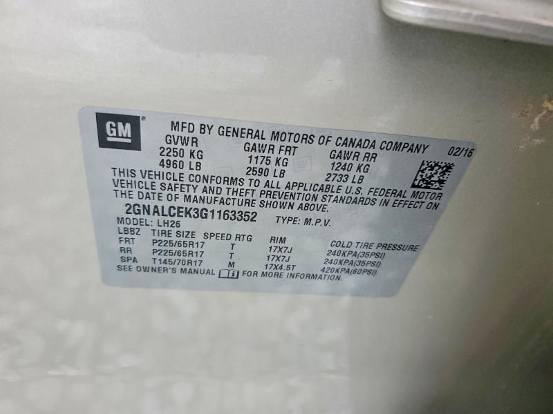 2016 Chevrolet Equinox მანქანა იყიდება აუქციონზე, vin: 2GNALCEK3G1163352, აუქციონის ნომერი: 42080576