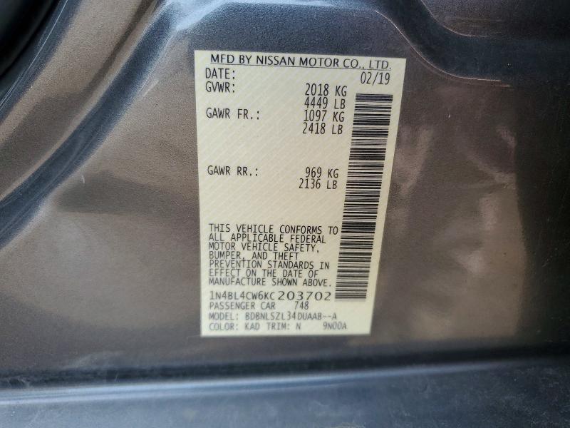 2019 Nissan Altima მანქანა იყიდება აუქციონზე, vin: 1N4BL4CW6KC203702, აუქციონის ნომერი: 46406556