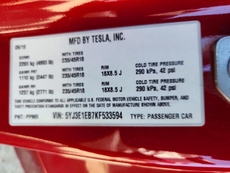 Продажа на аукционе авто 2019 Tesla Model 3, vin: 5YJ3E1EB7KF533594, номер лота: 42000056