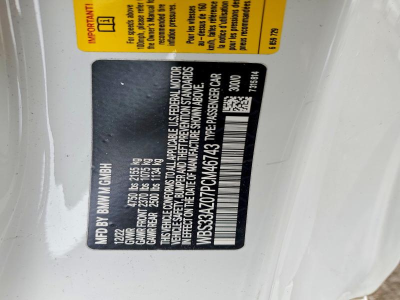 Aukcja sprzedaży 2023 Bmw M4, vin: WBS33AZ07PCM46743, numer aukcji: 46133206