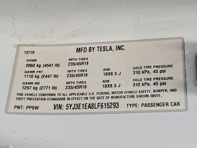 Aukcja sprzedaży 2020 Tesla Model 3, vin: 5YJ3E1EA8LF615293, numer aukcji: 78818905