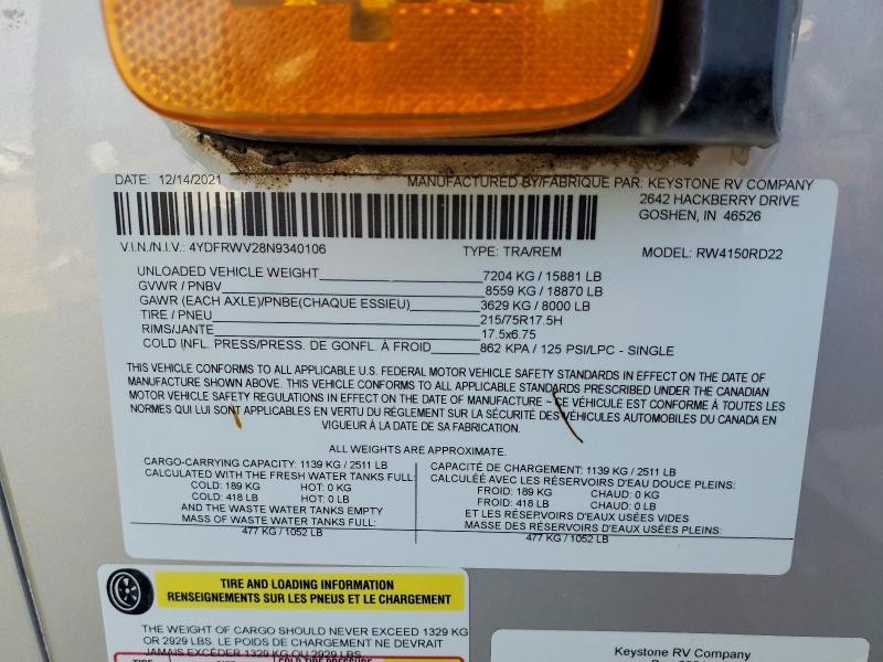 Продажа на аукционе авто 2022 Keystone Unknown, vin: 4YDFRWV28N9340106, номер лота: 47386026