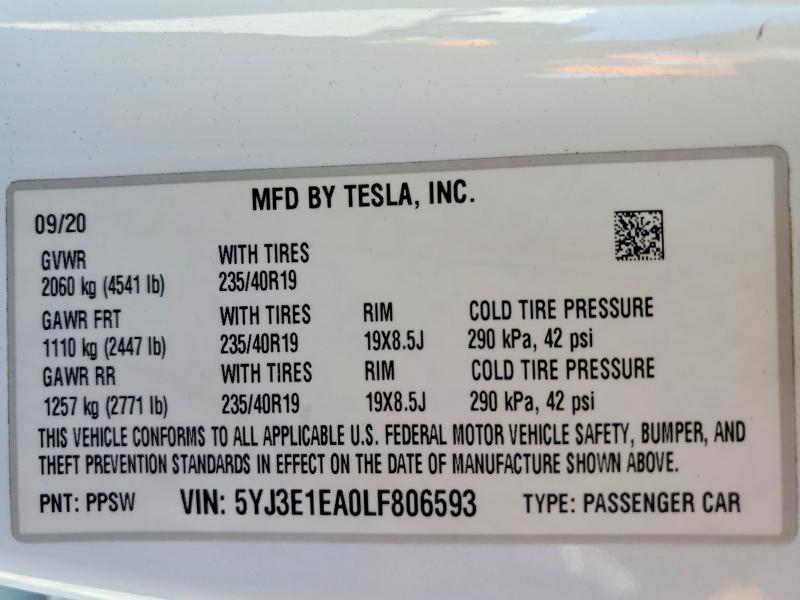 Продажа на аукционе авто 2020 Tesla Model 3, vin: 5YJ3E1EA0LF806593, номер лота: 45829316