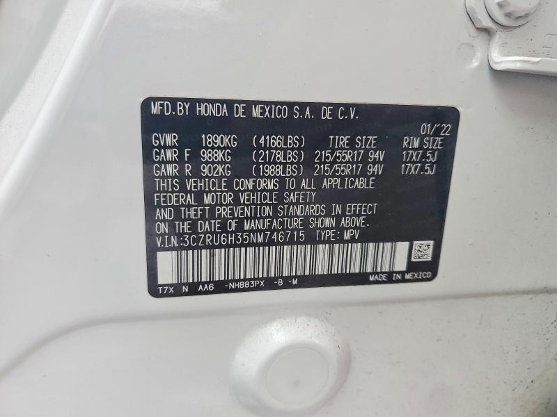2022 Honda Hr-v მანქანა იყიდება აუქციონზე, vin: 3CZRU6H35NM746715, აუქციონის ნომერი: 79751595