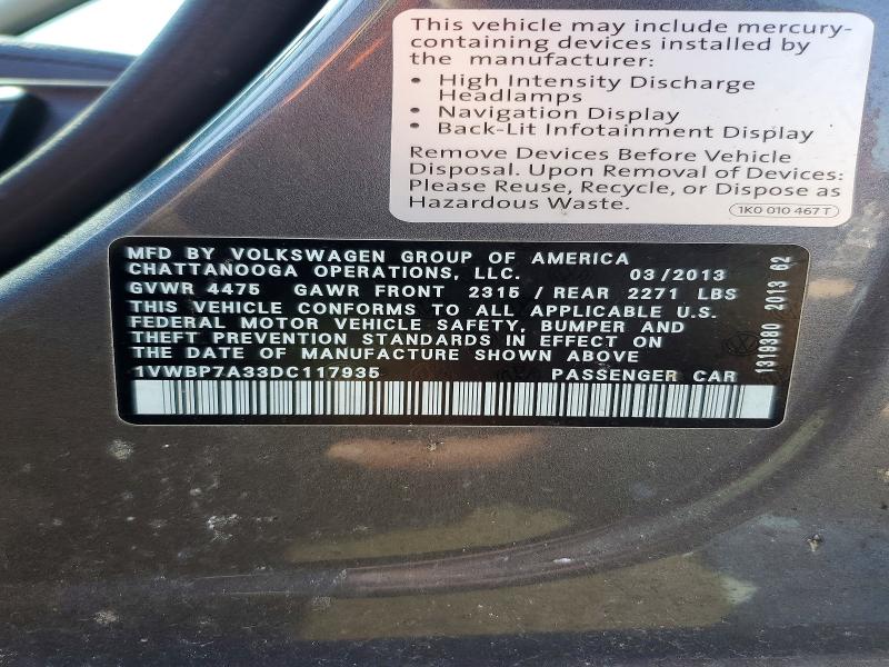 Aukcja sprzedaży 2013 Volkswagen Passat, vin: 1VWBP7A33DC117935, numer aukcji: 47937856