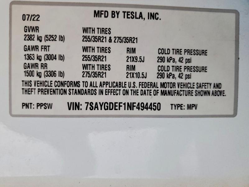 47652176 :رقم المزاد ، 7SAYGDEF1NF494450 vin ، 2022 Tesla Model Y مزاد بيع
