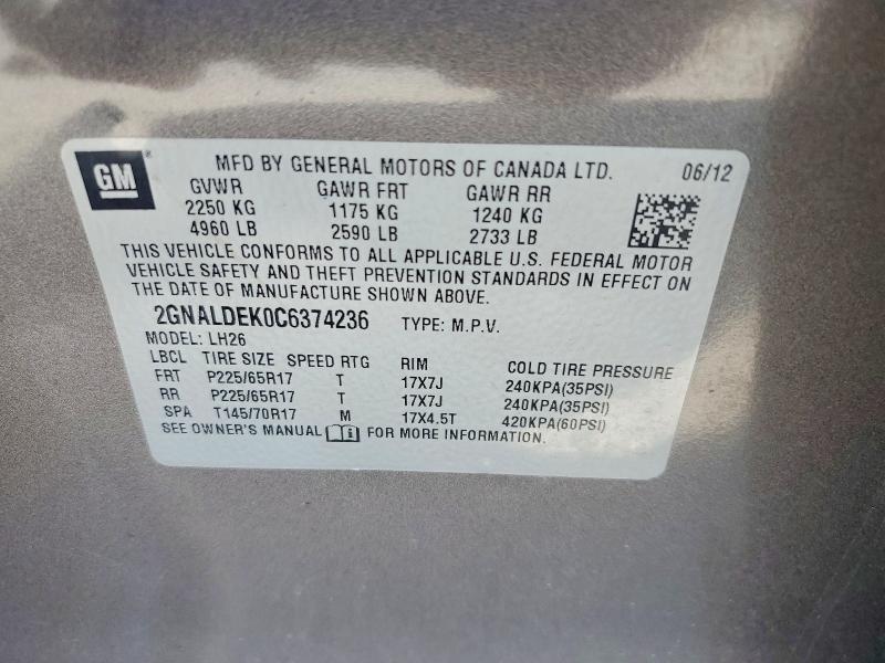 47802976 :رقم المزاد ، 2GNALDEK0C6374236 vin ، 2012 Chevrolet Equinox مزاد بيع