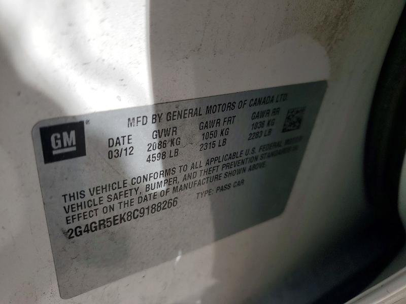 46582126 :رقم المزاد ، 2G4GR5EK8C9188266 vin ، 2012 Buick Regal مزاد بيع