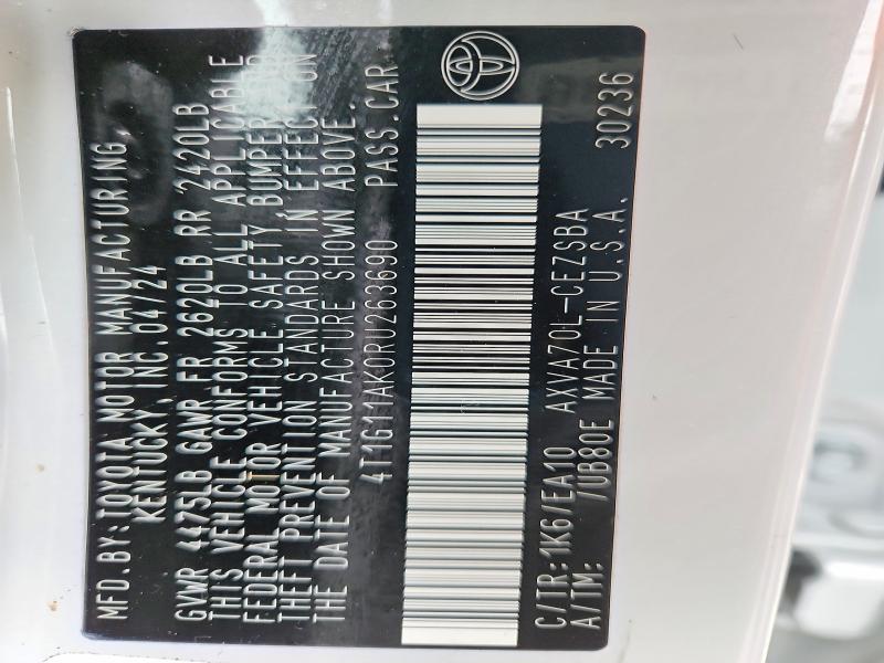 2024 Toyota Camry მანქანა იყიდება აუქციონზე, vin: 4T1G11AK0RU263690, აუქციონის ნომერი: 41600766
