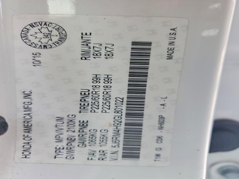 Aukcja sprzedaży 2016 Honda Cr-v, vin: 5J6RM4H92GL801022, numer aukcji: 78397395
