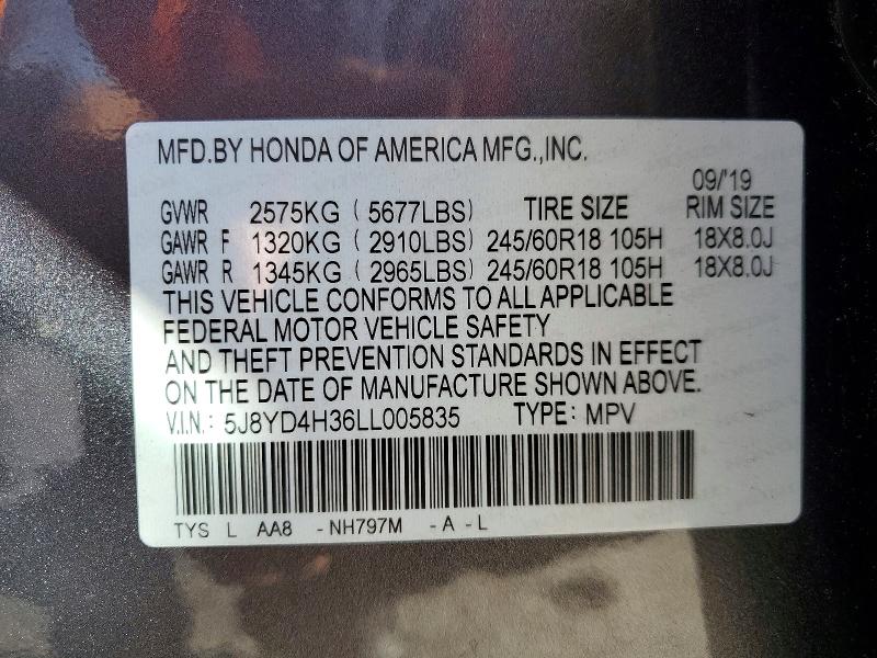 46037526 :رقم المزاد ، 5J8YD4H36LL005835 vin ، 2020 Acura Mdx مزاد بيع
