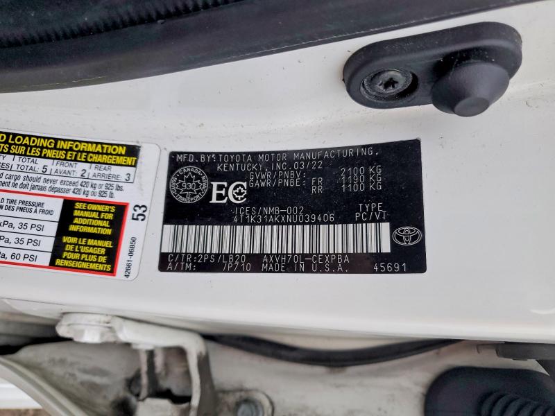 Aukcja sprzedaży 2022 Toyota Camry Hybrid, vin: 4T1K31AKXNU039406, numer aukcji: 79428755
