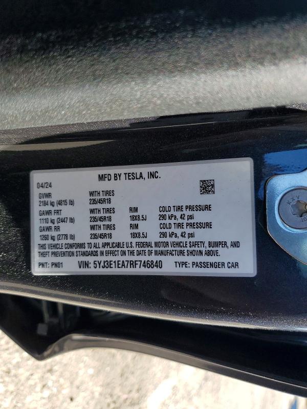 79662155 :رقم المزاد ، 5YJ3E1EA7RF746840 vin ، 2024 Tesla Model 3 مزاد بيع