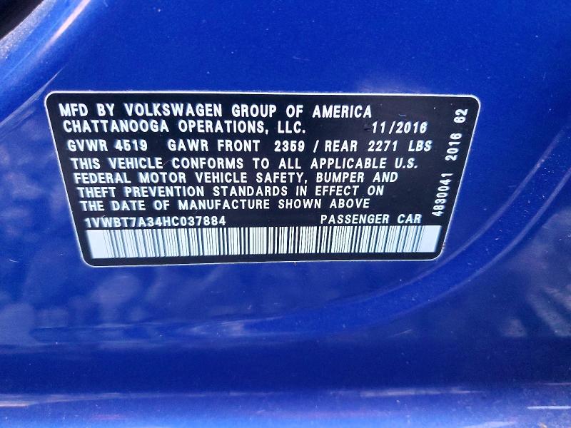 45968146 :رقم المزاد ، 1VWBT7A34HC037884 vin ، 2017 Volkswagen Passat مزاد بيع