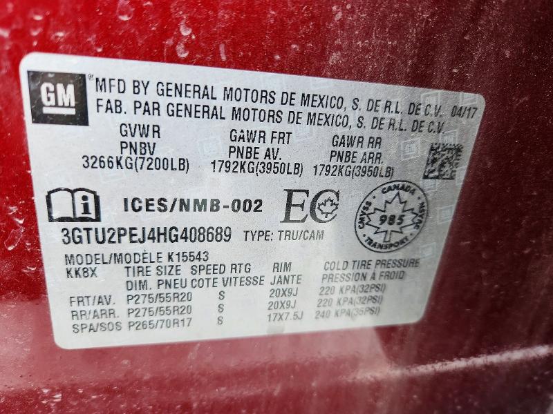 2017 Gmc Sierra მანქანა იყიდება აუქციონზე, vin: 3GTU2PEJ4HG408689, აუქციონის ნომერი: 41840036