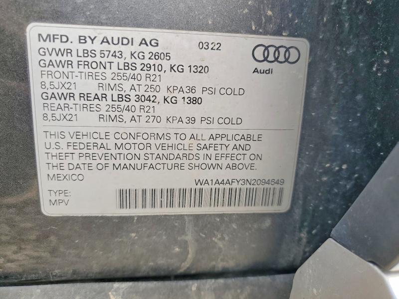 46235576 :رقم المزاد ، WA1A4AFY3N2094649 vin ، 2022 Audi Sq5 مزاد بيع