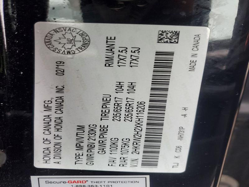79390835 :رقم المزاد ، 2HKRW2H2XKH116206 vin ، 2019 Honda Cr-v مزاد بيع