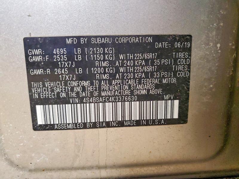 Aukcja sprzedaży 2019 Subaru Outback, vin: 4S4BSAFC4K3376630, numer aukcji: 79266065