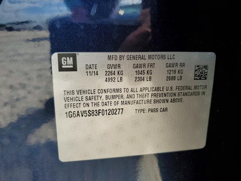 47051636 :رقم المزاد ، 1G6AV5S83F0120277 vin ، 2015 Cadillac Cts مزاد بيع