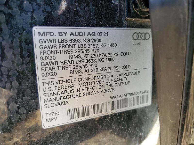 Продаж на аукціоні авто 2021 Audi Q7, vin: WA1AJAF70MD033486, номер лоту: 47180076