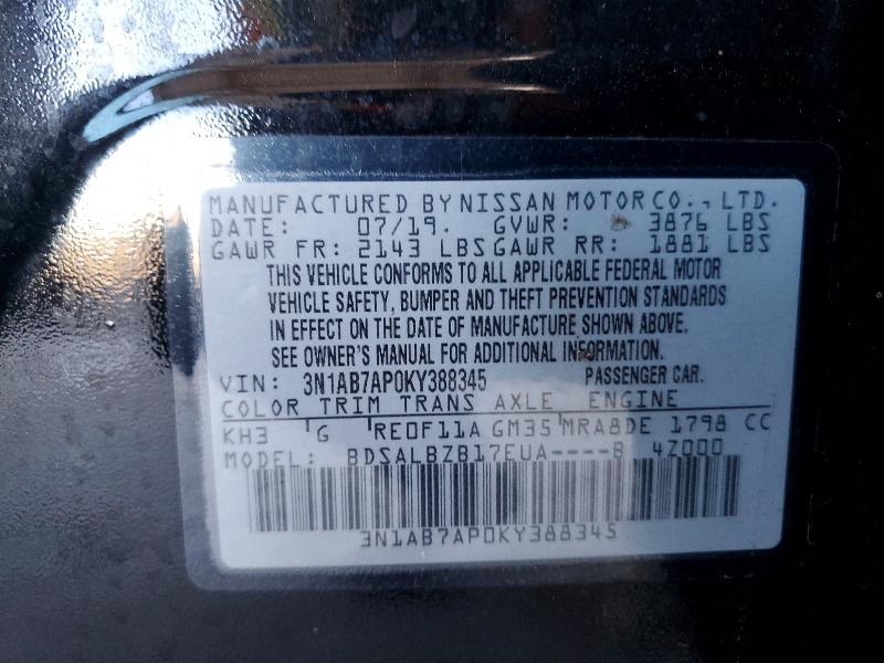 Продаж на аукціоні авто 2019 Nissan Sentra, vin: 3N1AB7AP0KY388345, номер лоту: 46115556